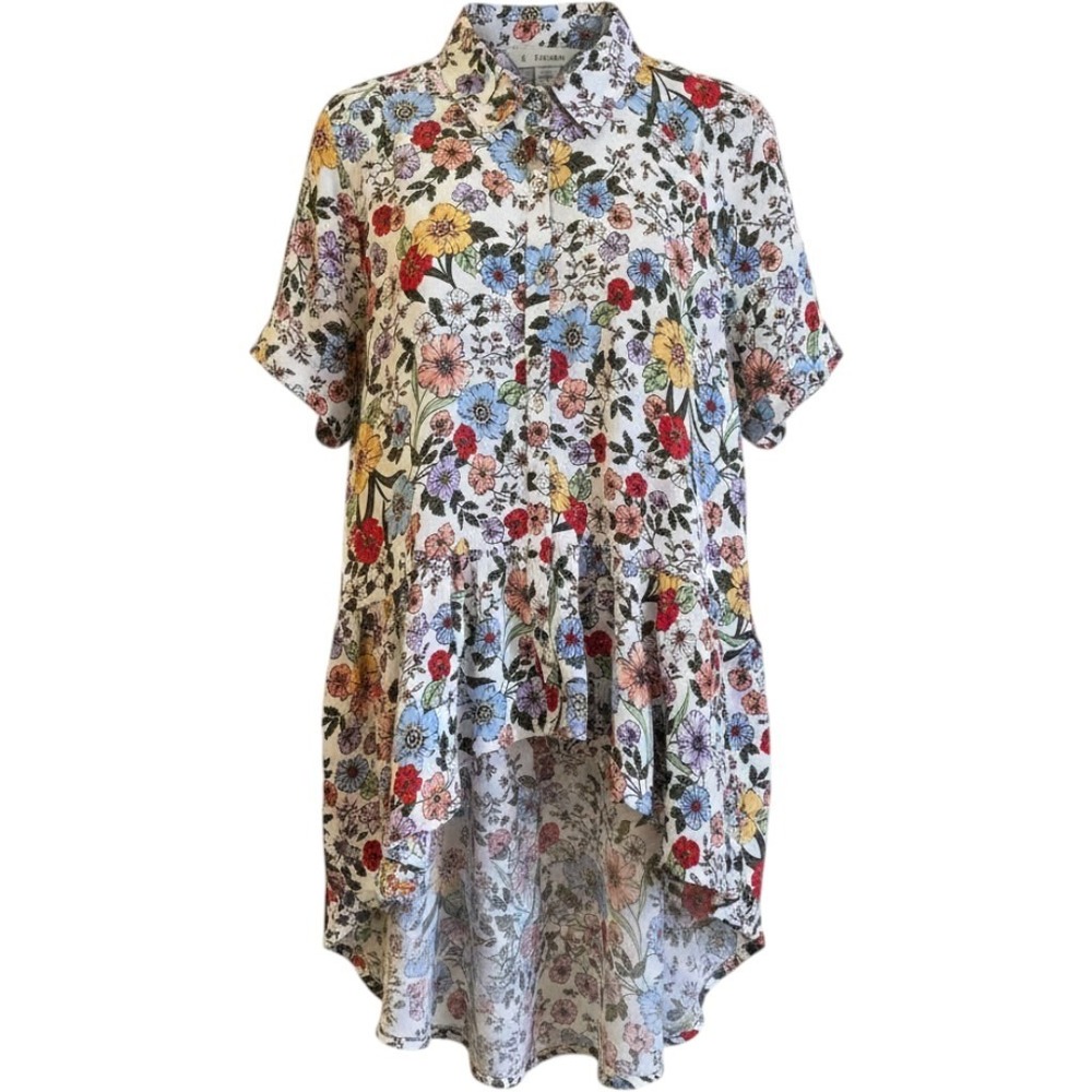 Floral Button Down Tunic Blouse By Ophelia Roe High Low Peplum  Large